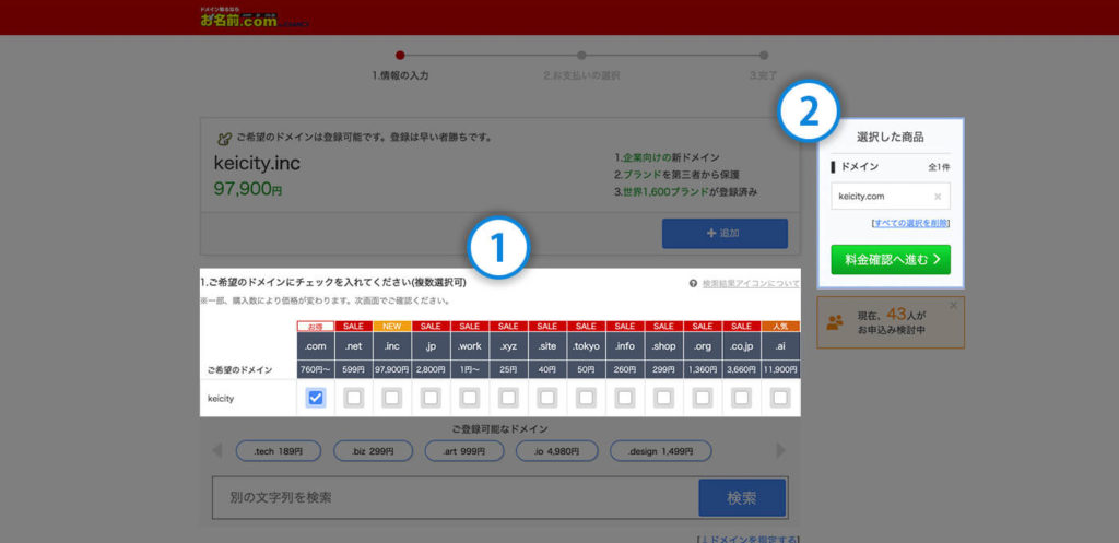 希望のドメインを選択後、料金確認へ